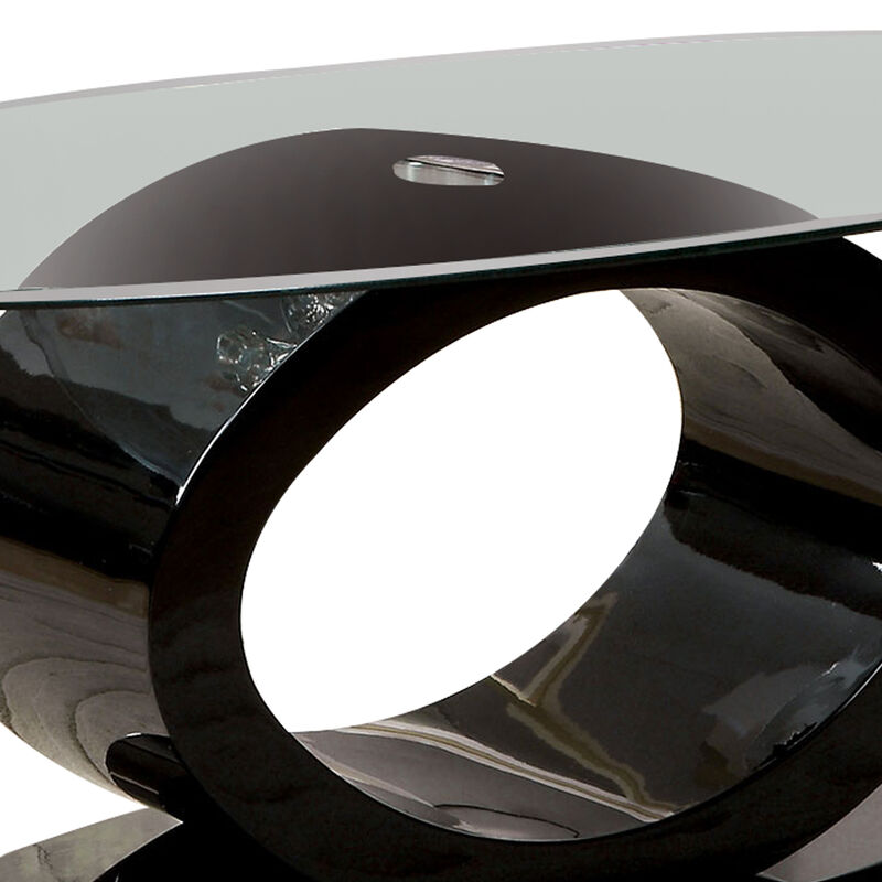 Contemporary Tempered Glass Top Coffee Table with O Shape Base, Black-Benzara
