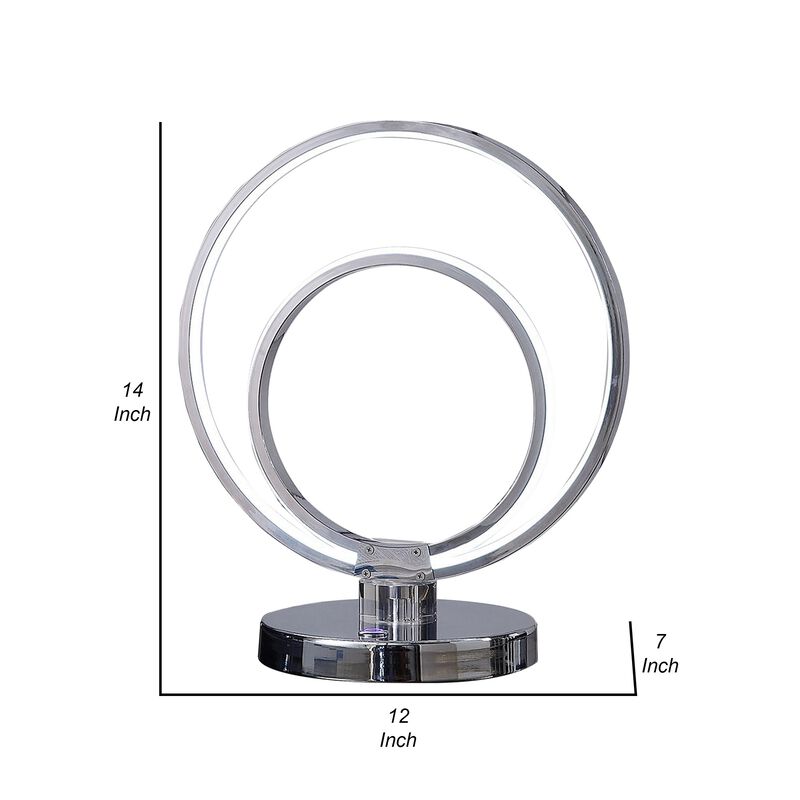 14 Inch Table Lamp, Modern Ring LED Light, Round Metal Base, Silver-Benzara