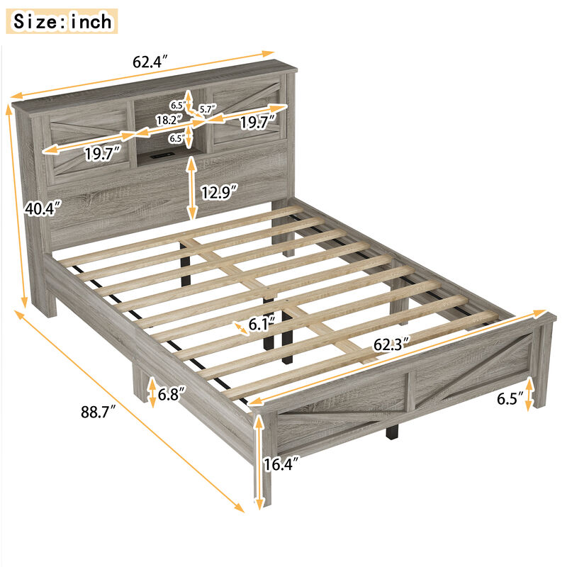 Merax Farmhouse Platform Bed with Charging Station
