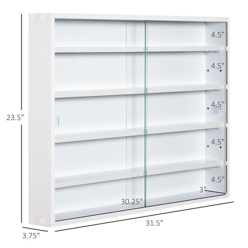 White Display Cabinet: 5-Tier Wall Shelf with Glass Doors