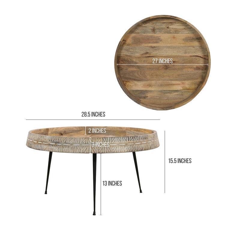 29 Inch Modern Handcrafted Round Coffee Table, Natural Brown Wood Top with Carved Edge, Black Iron Legs-Benzara