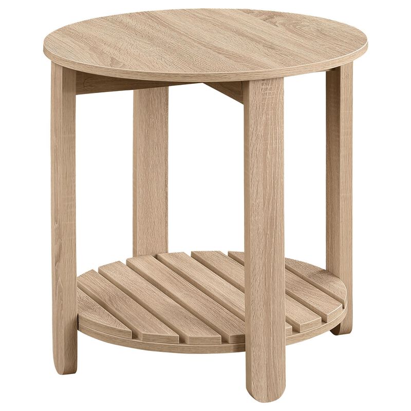 Fowl Round Side End Table, Slatted Lower Shelf, 22 Inch Natural Brown - Benzara