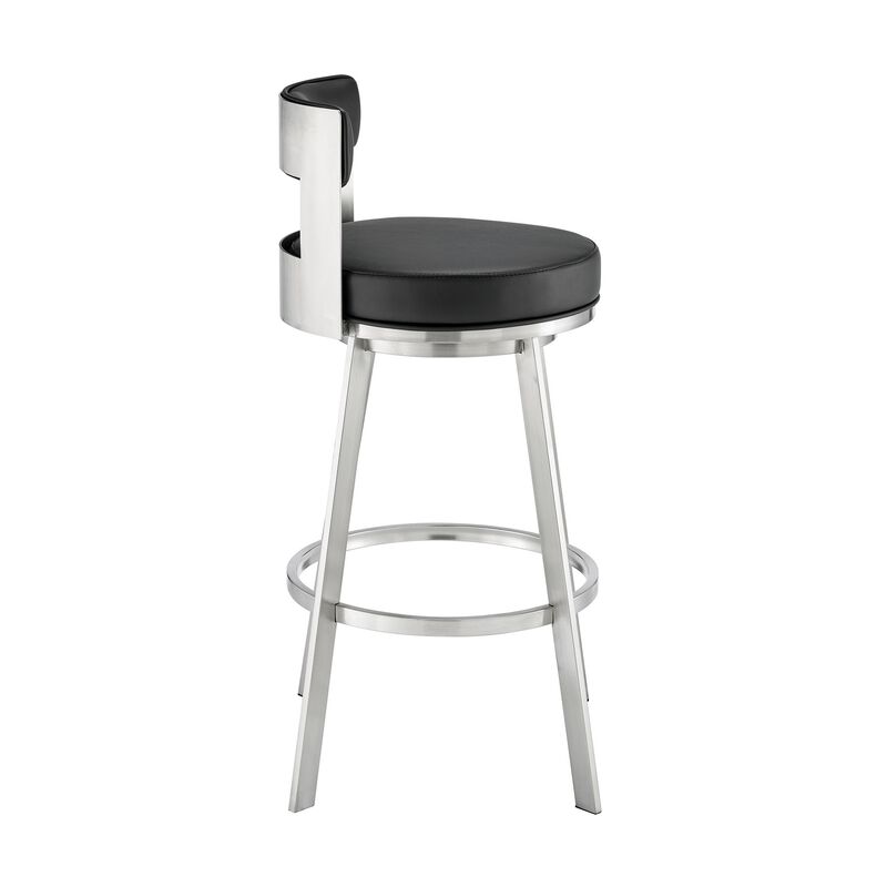 Ami 30 Inch Swivel Barstool Chair, Black Faux Leather, Stainless Steel - Benzara
