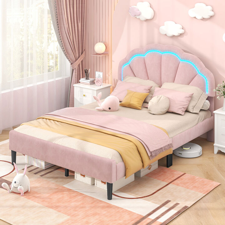 Upholstered LED Bed Frame with Adjustable Flower Headboard