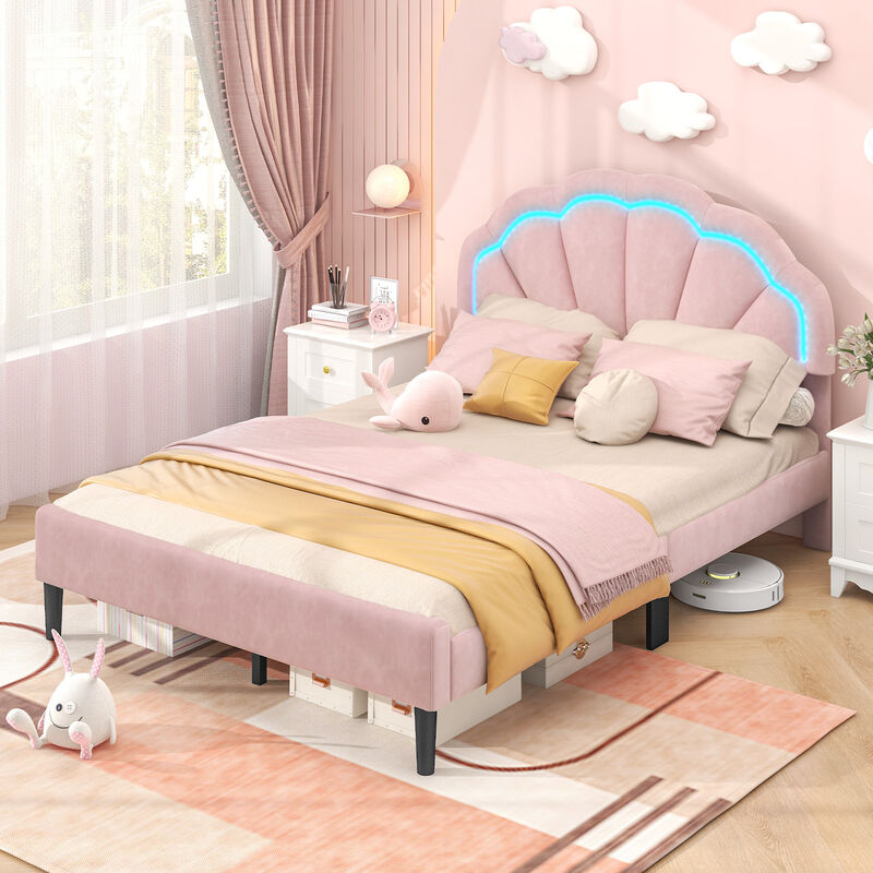 Upholstered LED Bed Frame with Adjustable Flower Headboard