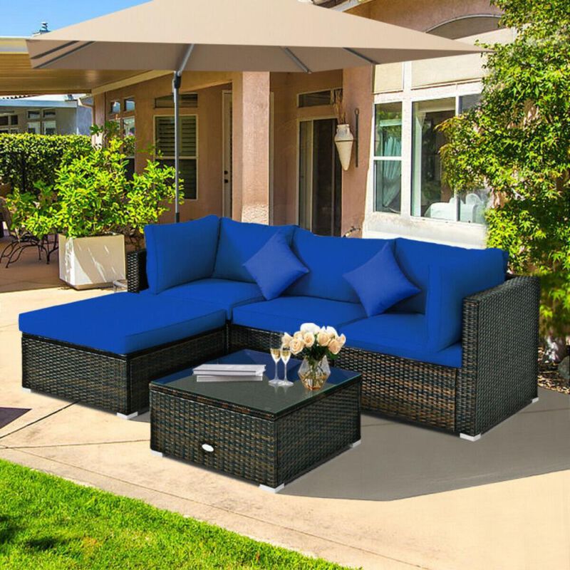 Hivvago 5 Pcs Outdoor Patio Rattan Furniture Set Sectional Conversation with Navy Cushions