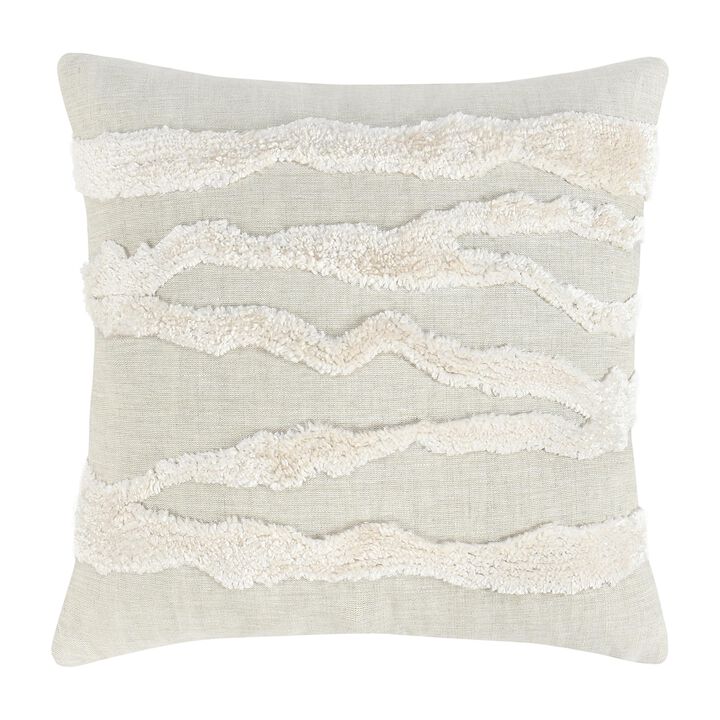 Poll Square Accent Throw Pillow, 22 Inch White and Ivory Belgian Linen - Benzara
