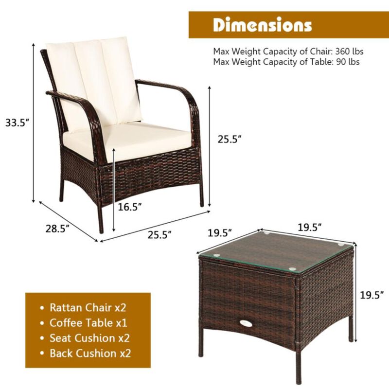 Hivvago 3 Pieces Patio Rattan Conversation Set with Glass Top Coffee Table and Cushions