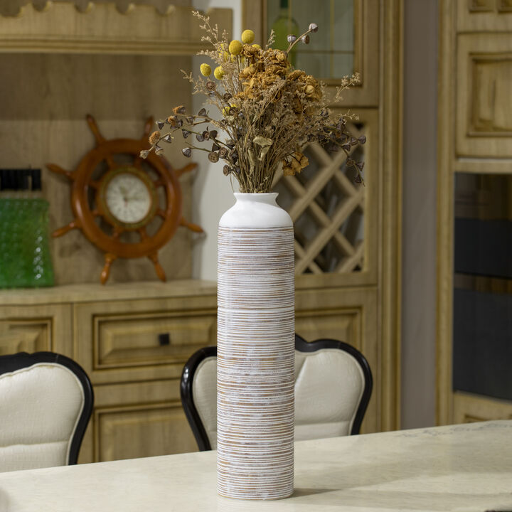 Contemporary Floor Vase - Ribbed 20-Inch-Tall Trumpet Style Ceramic White Table Vase - Modern Home Decor Accent for Entryway, Dining, or Living Room – Elegant Sleek Design, Versatile Decoration Piece for Chic Interiors