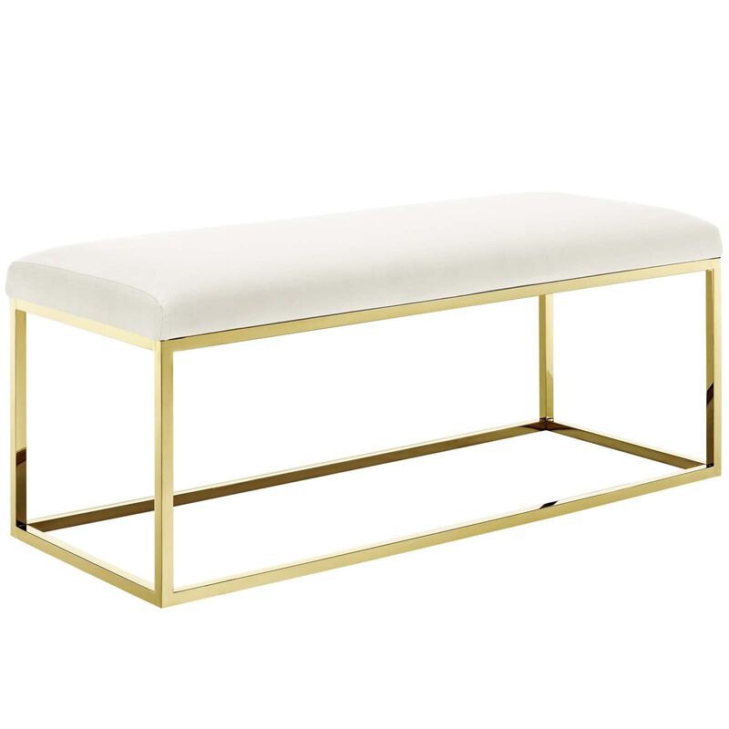 Modway Anticipate Velvet Upholstered Modern Bench With Stainless Steel Frame in Gold Ivory