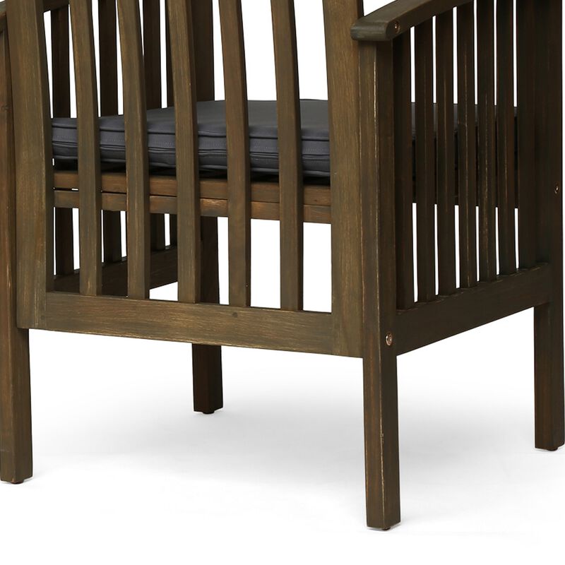 Gerry Dining Chair, Slatted Back Outdoor Natural Brown Wood, Dark Gray - Benzara