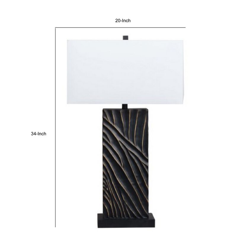 Len Table Lamp, White Rectangular Shade, Unique Lined Design Black Pedestal - Benzara