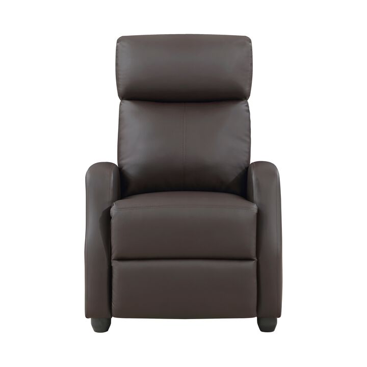 Jiana 35 Inch Push Back Recliner Chair, Brown Faux Leather, Solid Wood - Benzara