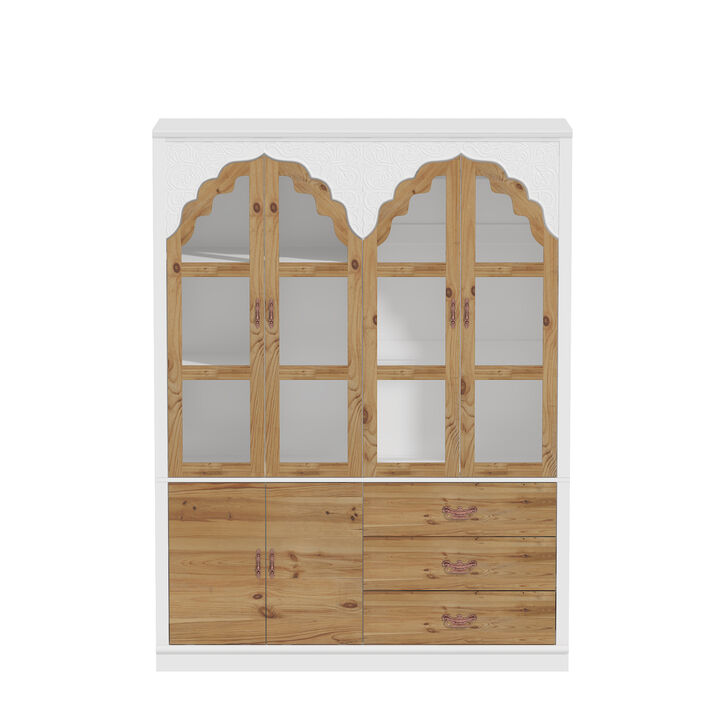 75.7 in. H Paint Finish Wooden Accent Storage Cabinet in Brown and White, Rustic Style, With Glass Doors and-Drawers