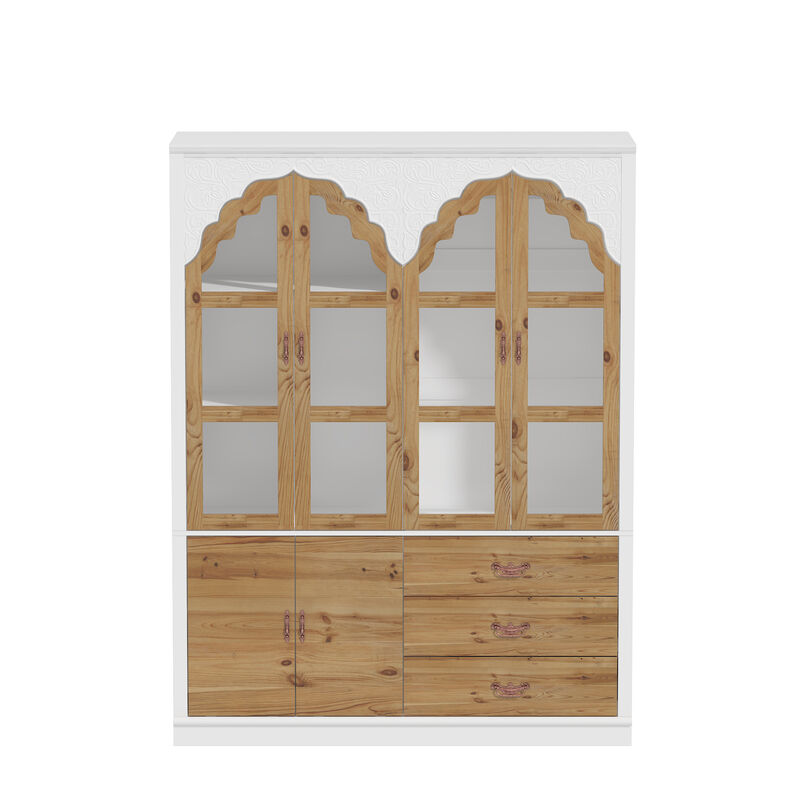 75.7 in. H Paint Finish Wooden Accent Storage Cabinet in Brown and White, Rustic Style, With Glass Doors and-Drawers