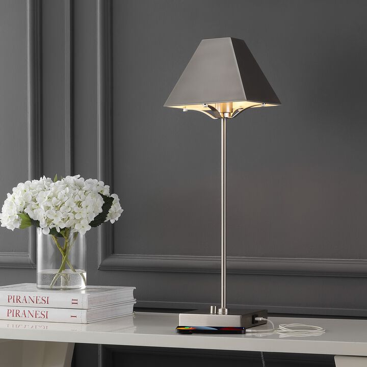 Ruthen Industrial Style Iron Pyramid Bedside LED Table Lamp with USB Charging Port