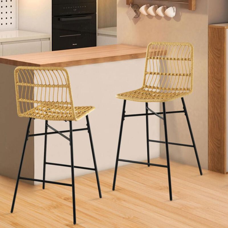Hivvago Set of 2 Rattan Bar Stools with Sturdy Metal Frame-Yellow