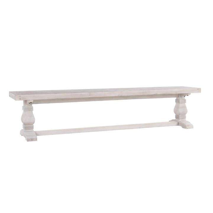 Kai 83 Inch Reclaimed Pine Dining Bench, Turned Pedestals, Antique White-Benzara
