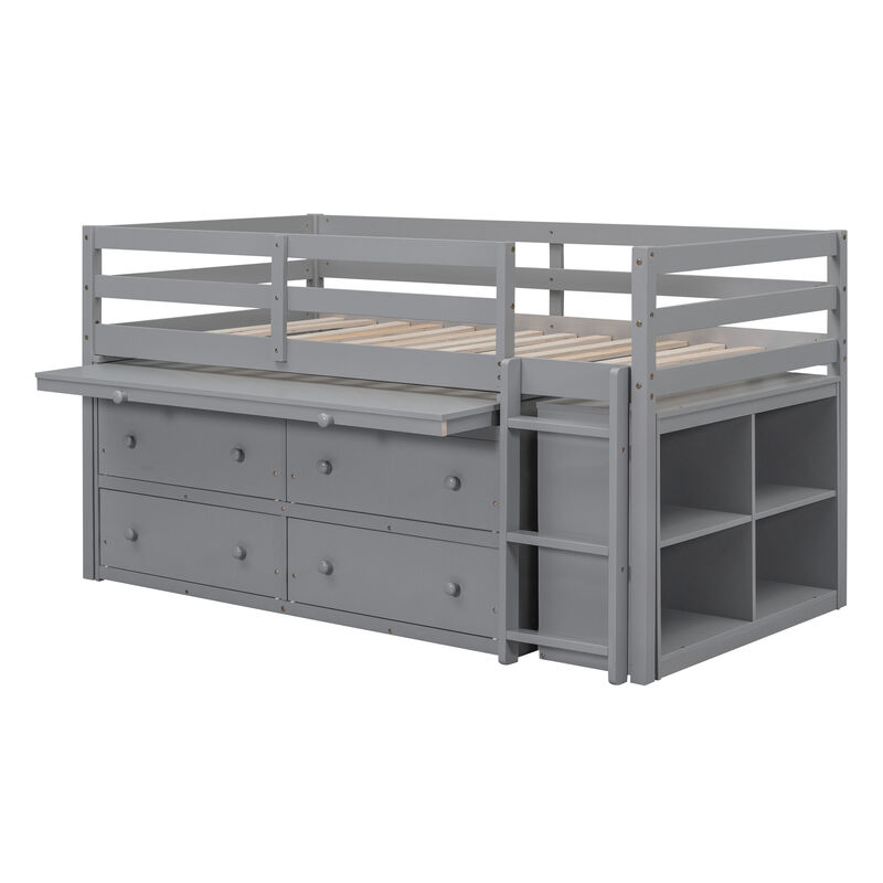Wooden Loft Bed with Desk and Shelves