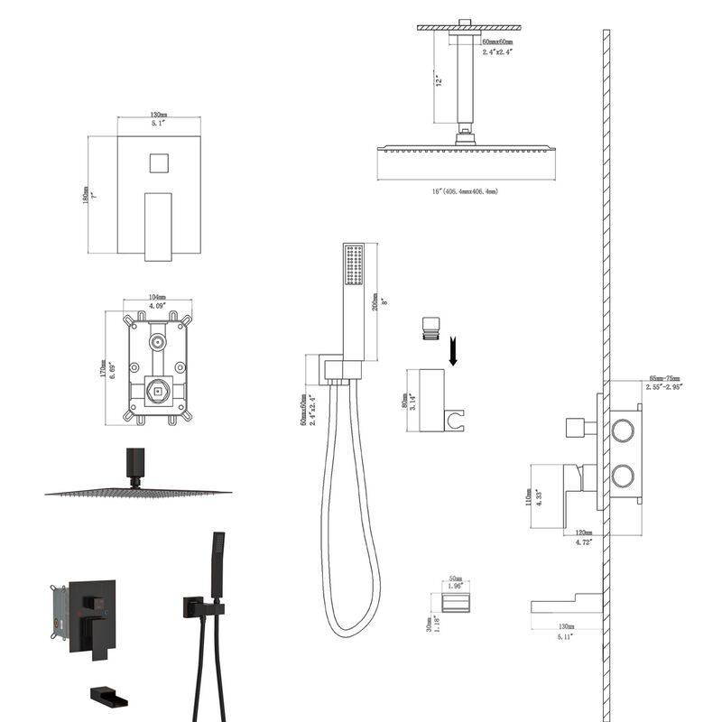 16" Rain Shower Head Systems With Waterfall Tub Spout, Oil Rubber Bronze, Ceiling Mounted Shower