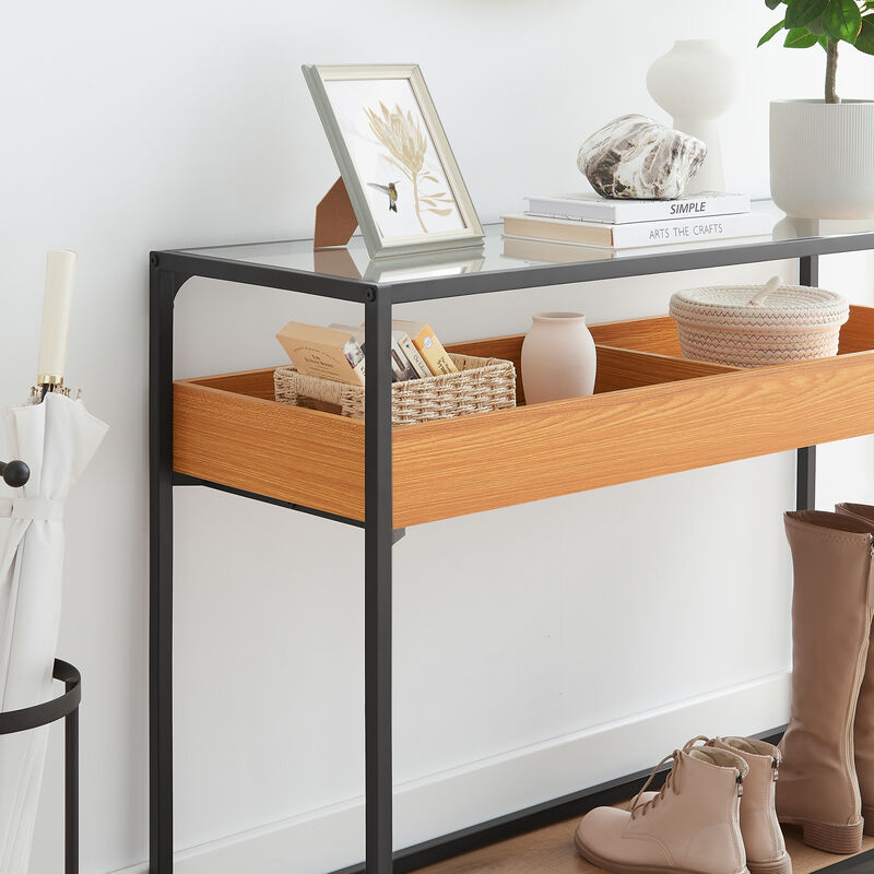 Saarinen Two-Level Modern Sunken Glass Display Shelf Rectangle Console Table