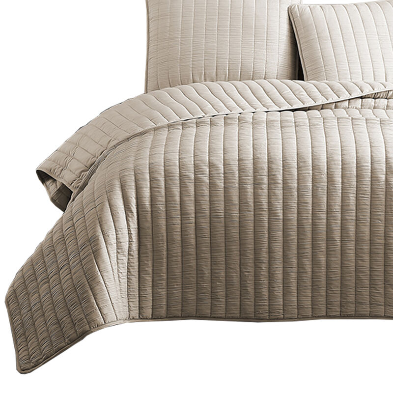 3 Piece Crinkles King Size Coverlet Set with Vertical Stitching, Brown-Benzara