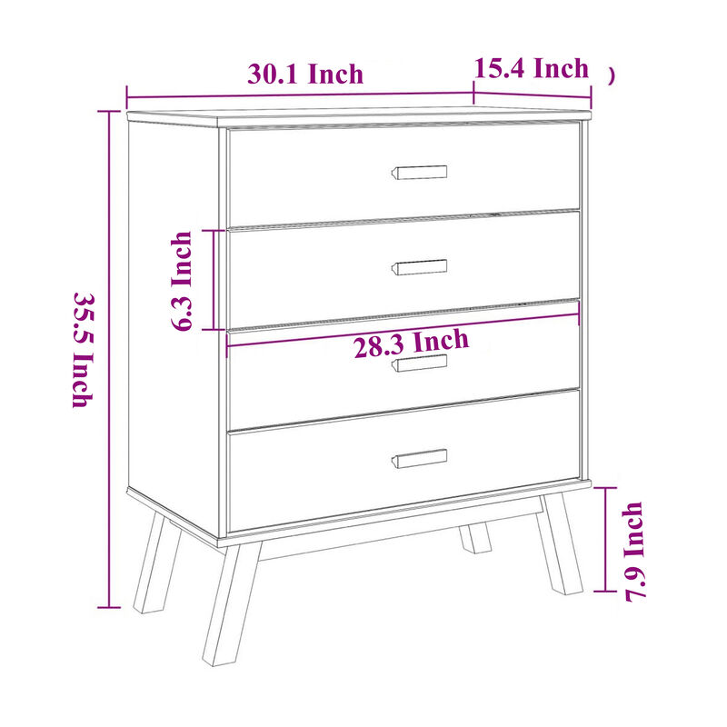 Tall Dresser Chest, 4 Drawers, Brown Solid Pine Wood Frame, 30 Inch - Benzara