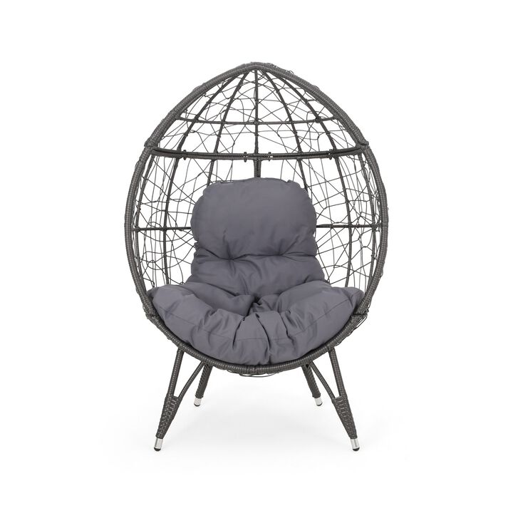 Fam Outdoor Accent Chair, Cocoon Egg Shaped, Abstract Gray PE Rattan - Benzara