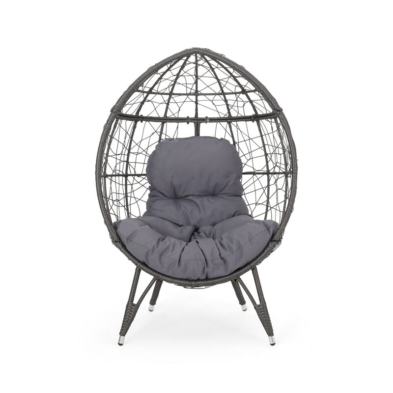 Fam Outdoor Accent Chair, Cocoon Egg Shaped, Abstract Gray PE Rattan - Benzara