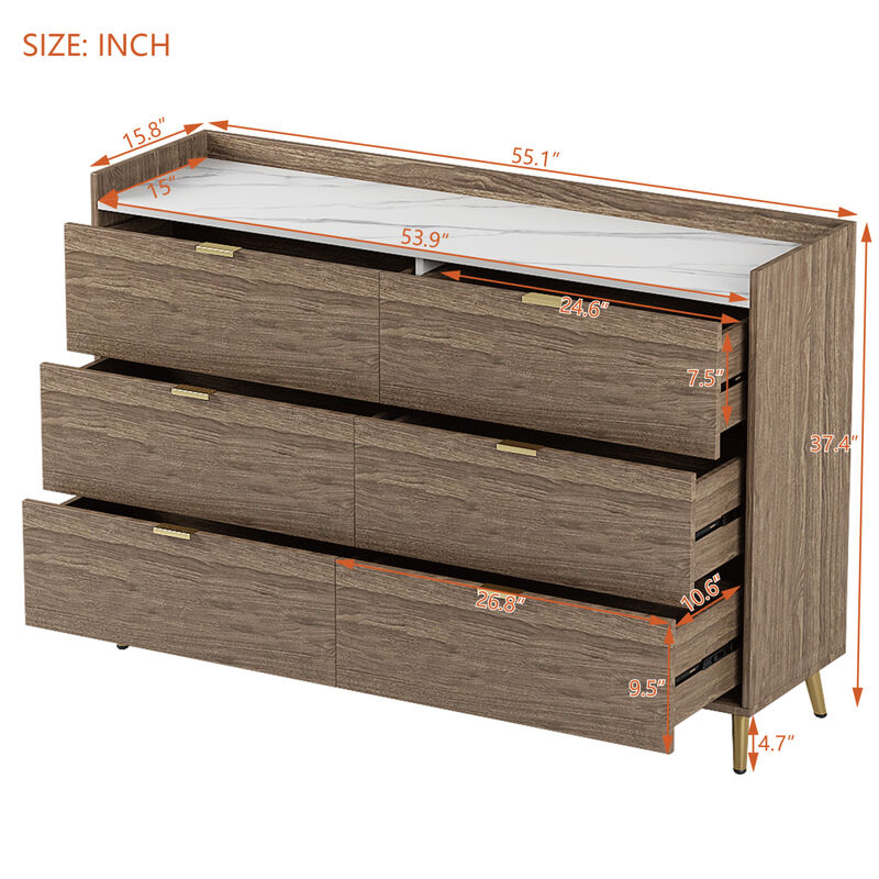 Modern 6-Drawer Dresser with Marble Top