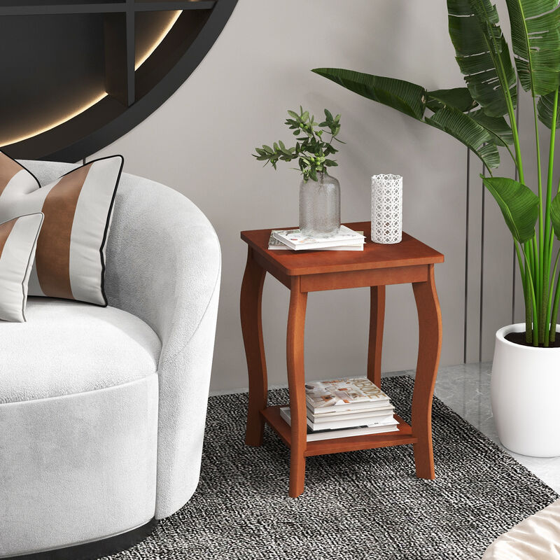 15 Inch 2-Tier Square End Table with Storage Shelf - Walnut