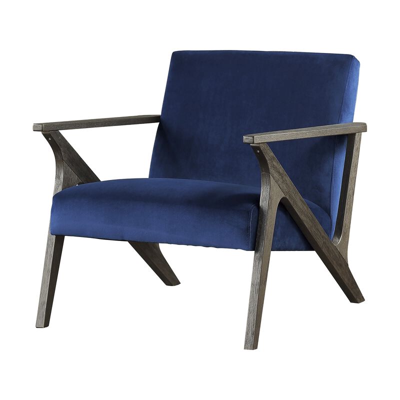Esme 35 Inch Accent Chair Wood Armchair, Blue Velvet Cushioned Seat, Gray - Benzara