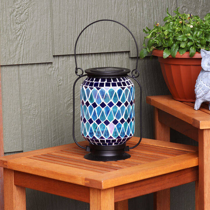 Sunnydaze Cool Blue Mosaic Glass Outdoor Solar LED Lantern - 8 in