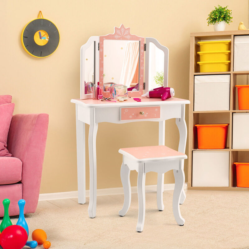Princess Vanity Table and Chair Set with Tri-Folding Mirror and Snowflake Print