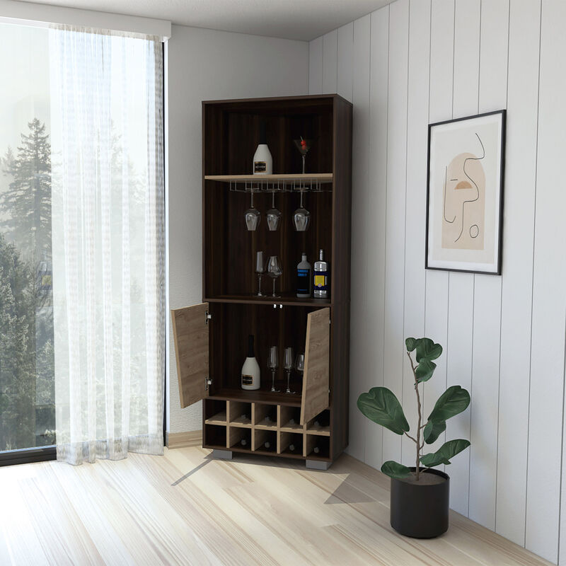 Paso Robles 10-Bottle 3-Shelf Corner Bar Cabinet Dark Oak And Pine