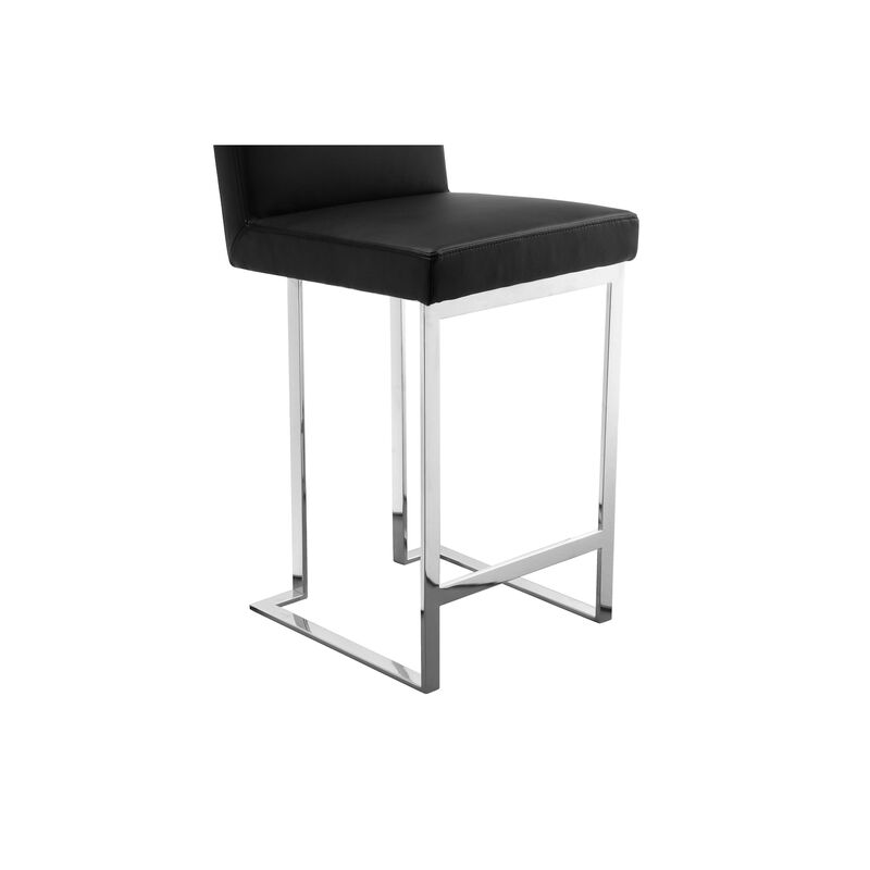 Boly 26 Inch Counter Height Chair, Black Faux Leather, Chrome Steel - Benzara
