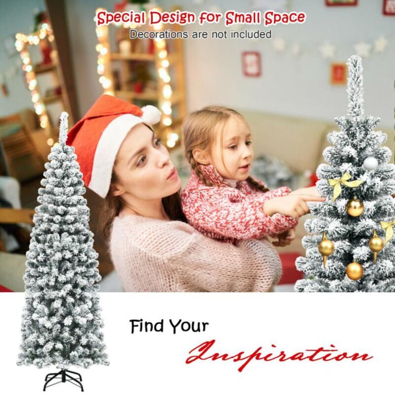 Hivvago 6 Feet Unlit Hinged Snow Flocked Artificial Pencil Christmas Tree with 500 Branch Tip