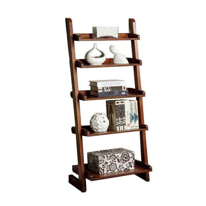 Transitional Style 5 Tier Wooden Ladder Shelf with Sled Base, Brown-Benzara