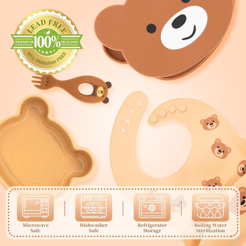 7-Piece Silicone Baby Feeding Set, Baby-Led Weaning Essentials, BPA-Free Baby Feeding Supplies, Newborn Gift Bear, Baby Essentials