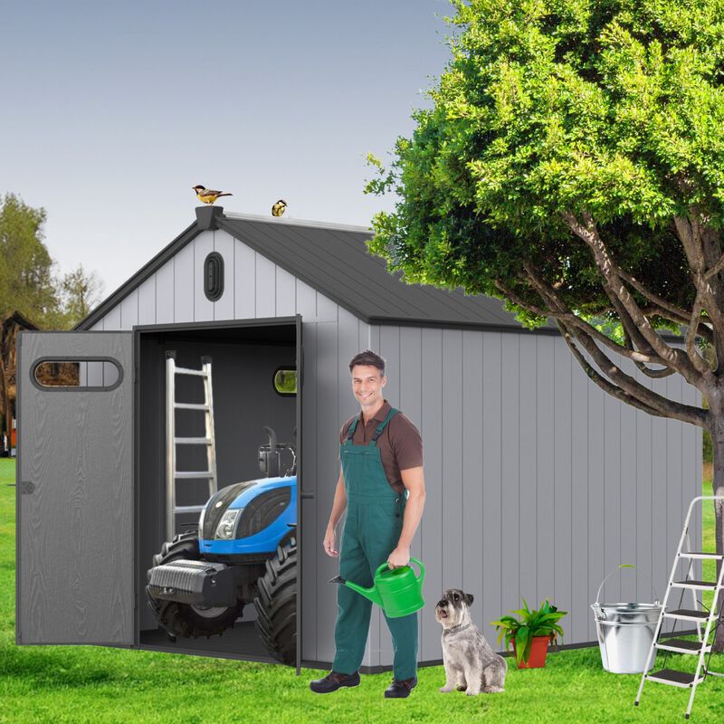 Mondawe 8x10ft Plastic Big Tool Storage,Rainproof Roof & Hinged Door,Weather-Resistant
