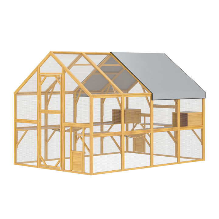 FUFU&GAGA Super Big Cat Play Tower with 2 Cat Boxes, 5 Cat Jump Platforms, and 2 Cat Hammocks,  (109.6" W x75.2" D x 60" H), Yellow