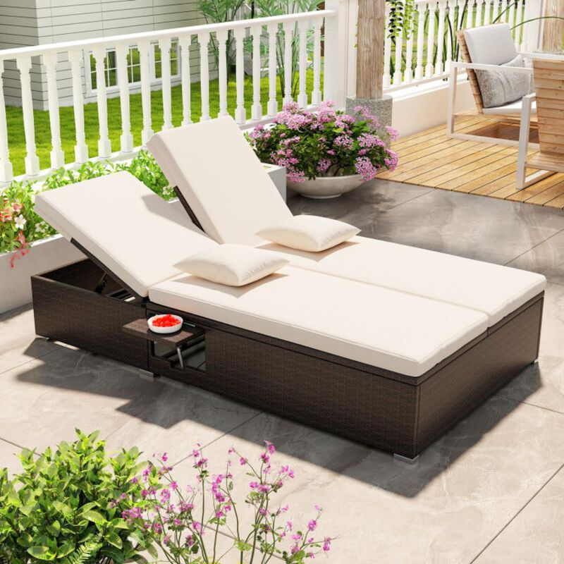 Hivvago Patio Double Chaise Lounge with Cushions and Folding Side Trays-Beige