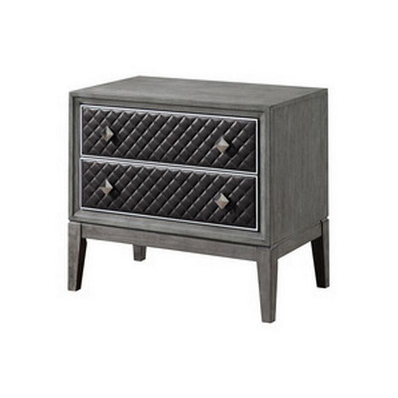 Stacy 29 Inch Nightstand, 2 Faux Leather Upholstered Drawers, Gray Wood - Benzara