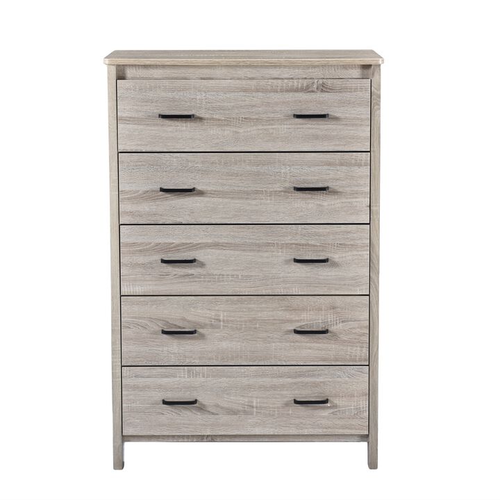 Sifa Tall Dresser Chest, 5 Drawers, Rustic Oak Gray MDF, Black Handles - Benzara