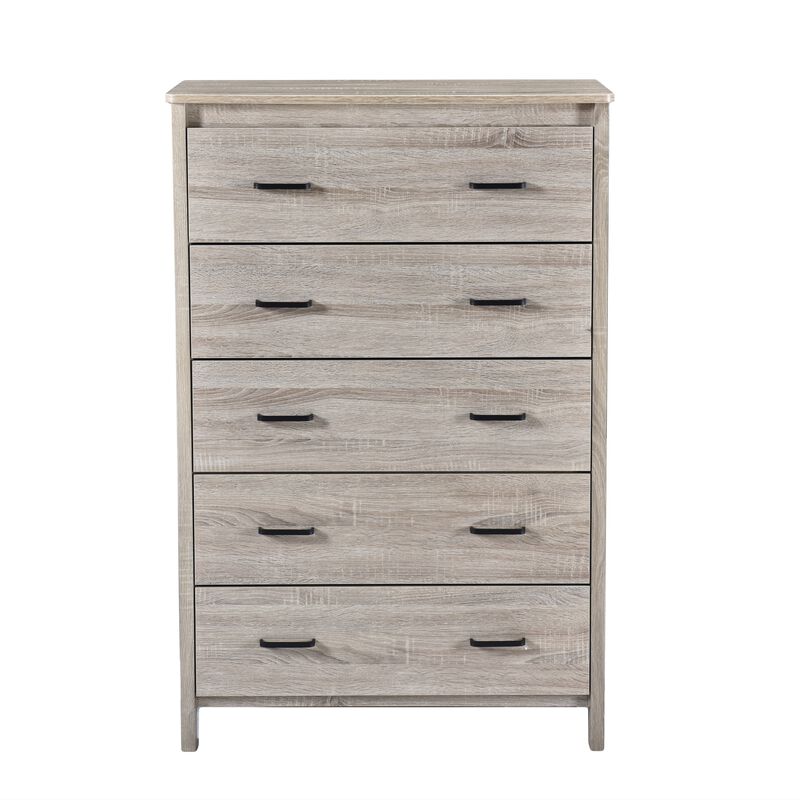Sifa Tall Dresser Chest, 5 Drawers, Rustic Oak Gray MDF, Black Handles - Benzara