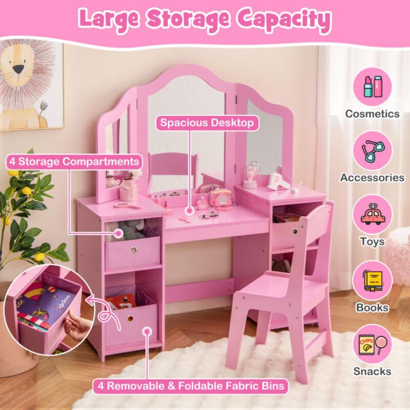 Hivvago Kids Vanity Table and Chair Set with Removable Mirrors and 4 Storage Bins