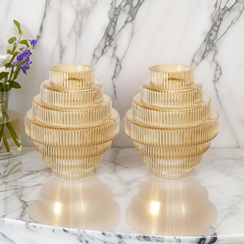Rae Set of 2 Glass Vases, Geometric Round, Amber Yellow and Clear Finish-Benzara
