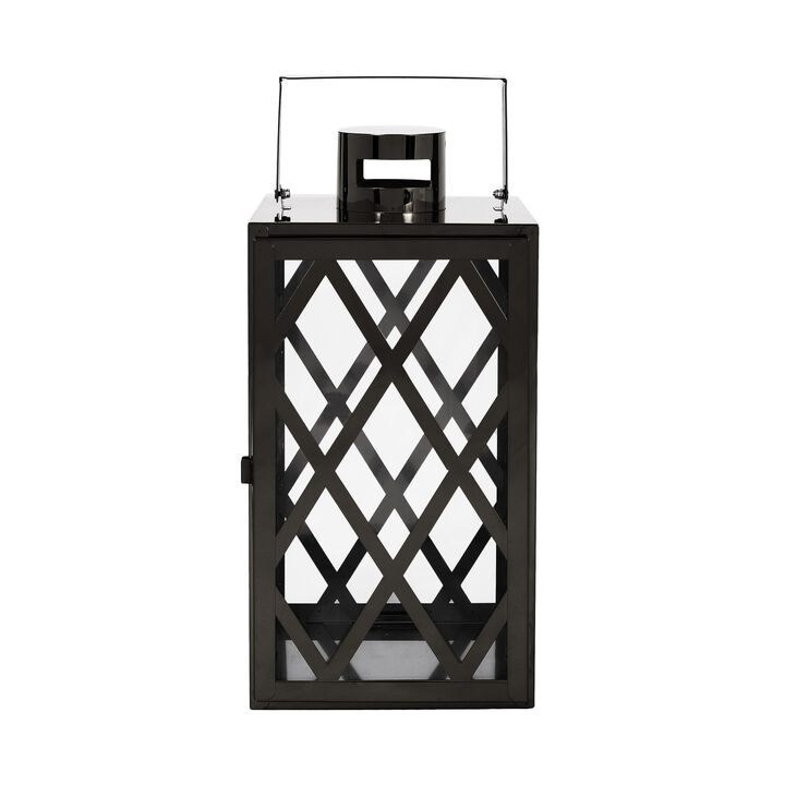 Dove 14 Inch Lantern, Lattice Black Stainless Steel, Tempered Glass - Benzara
