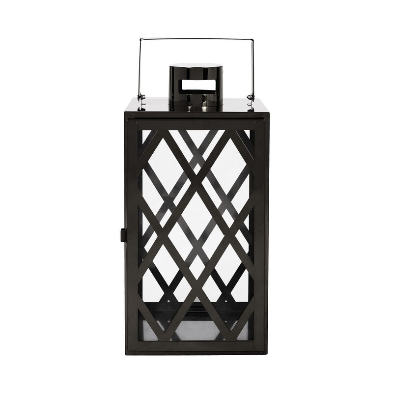 Dove 14 Inch Lantern, Lattice Black Stainless Steel, Tempered Glass - Benzara