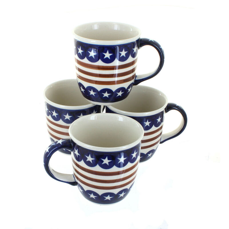 Blue Rose Polish Pottery Stars & Stripes 4 Piece Mug Set